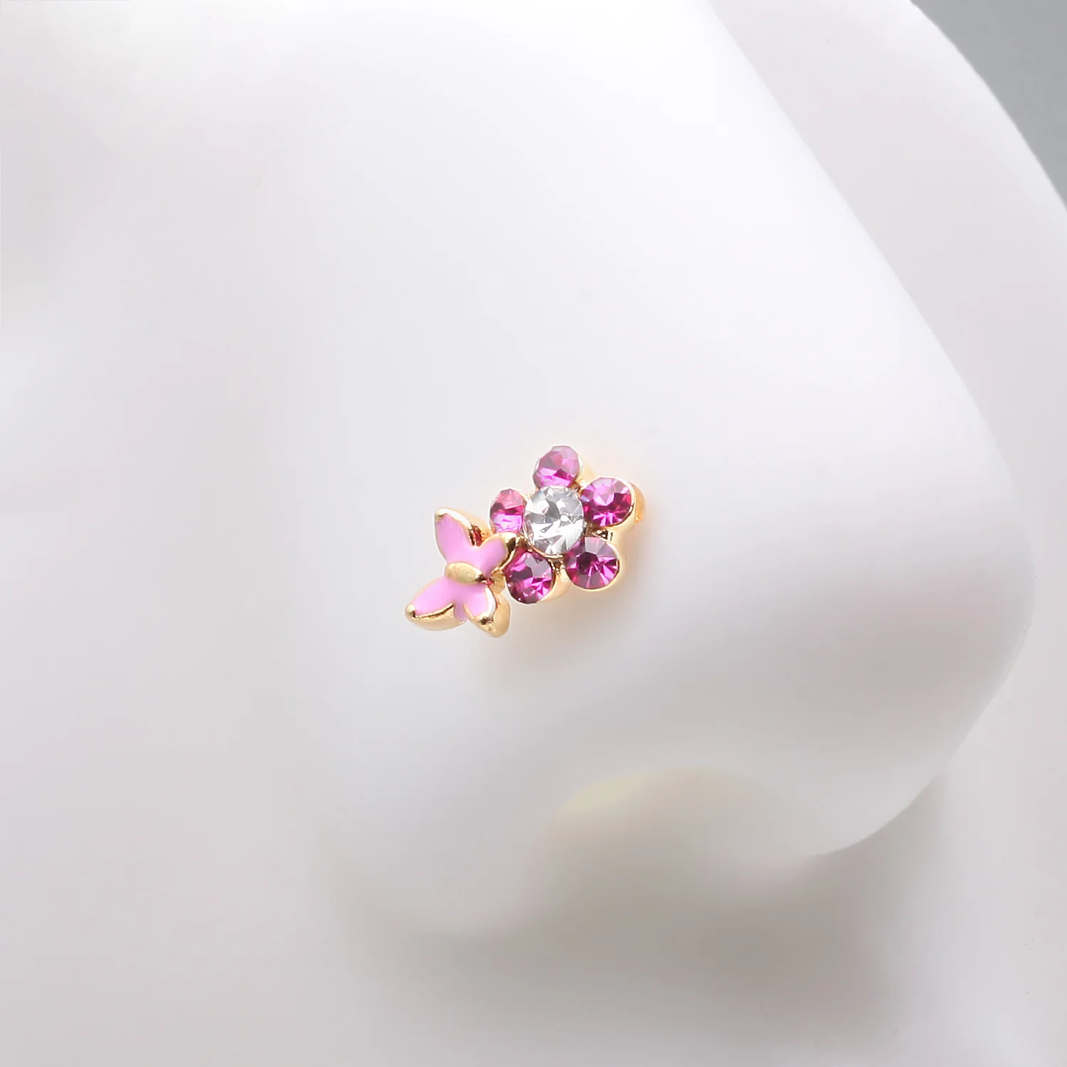Golden Pink Butterfly Flower Sparkle L-Shaped Nose Ring - Image 2