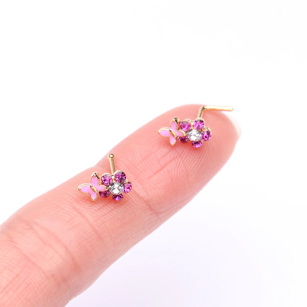 Golden Pink Butterfly Flower Sparkle L-Shaped Nose Ring - Image 3