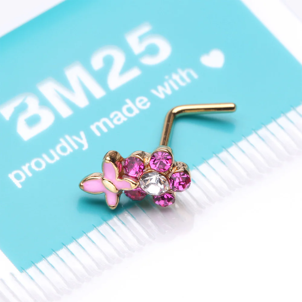 Golden Pink Butterfly Flower Sparkle L-Shaped Nose Ring - Image 4