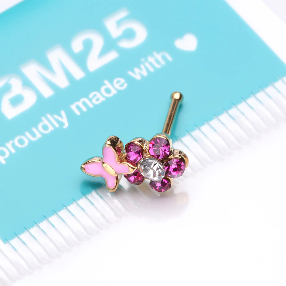 Golden Pink Butterfly Flower Sparkle Nose Stud Ring - Image 4