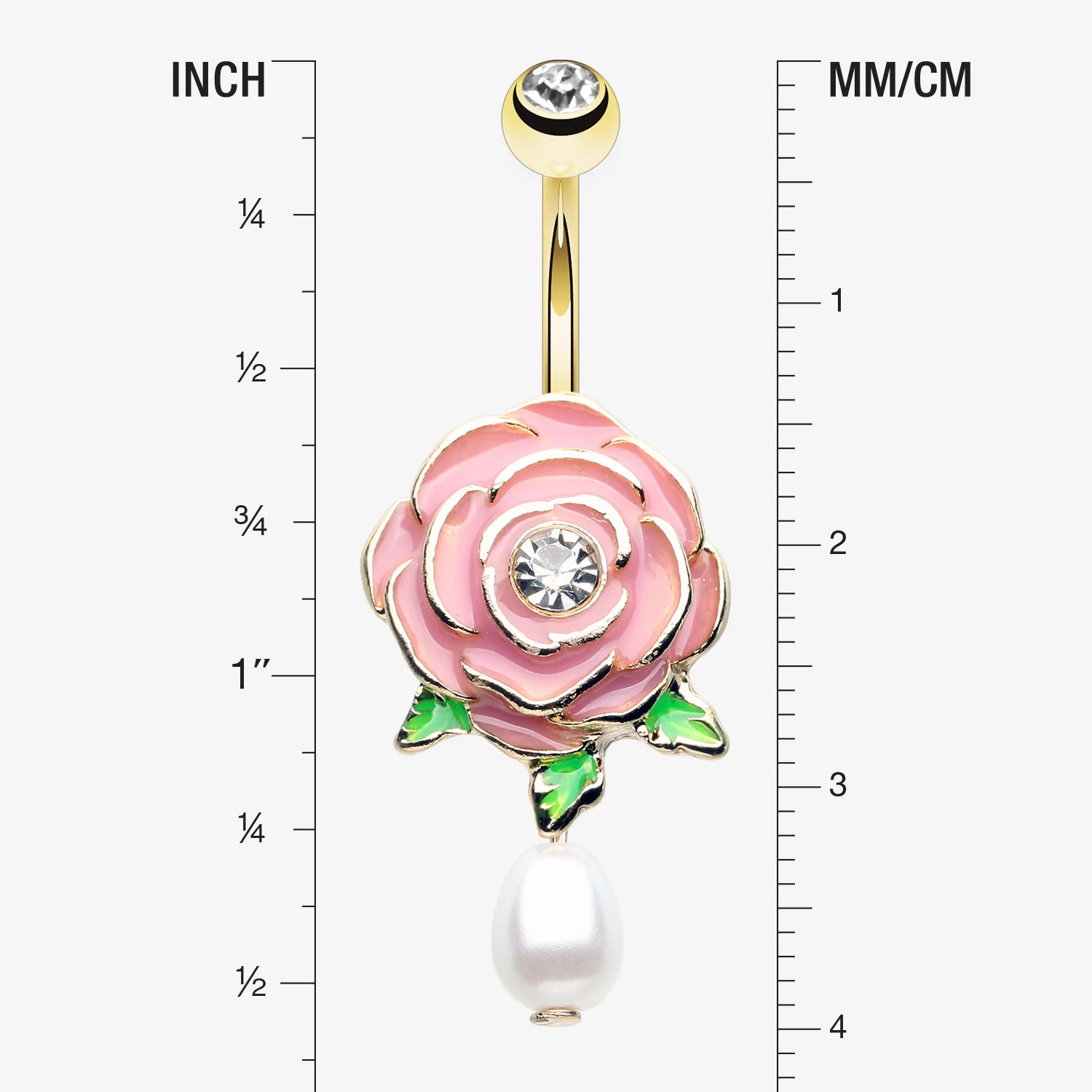 Golden Pink Full Blossom Rose Pearlescent Belly Button Ring - Image 2