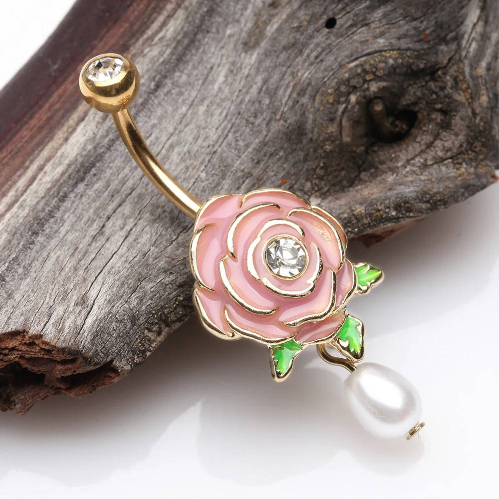 Golden Pink Full Blossom Rose Pearlescent Belly Button Ring - Image 3