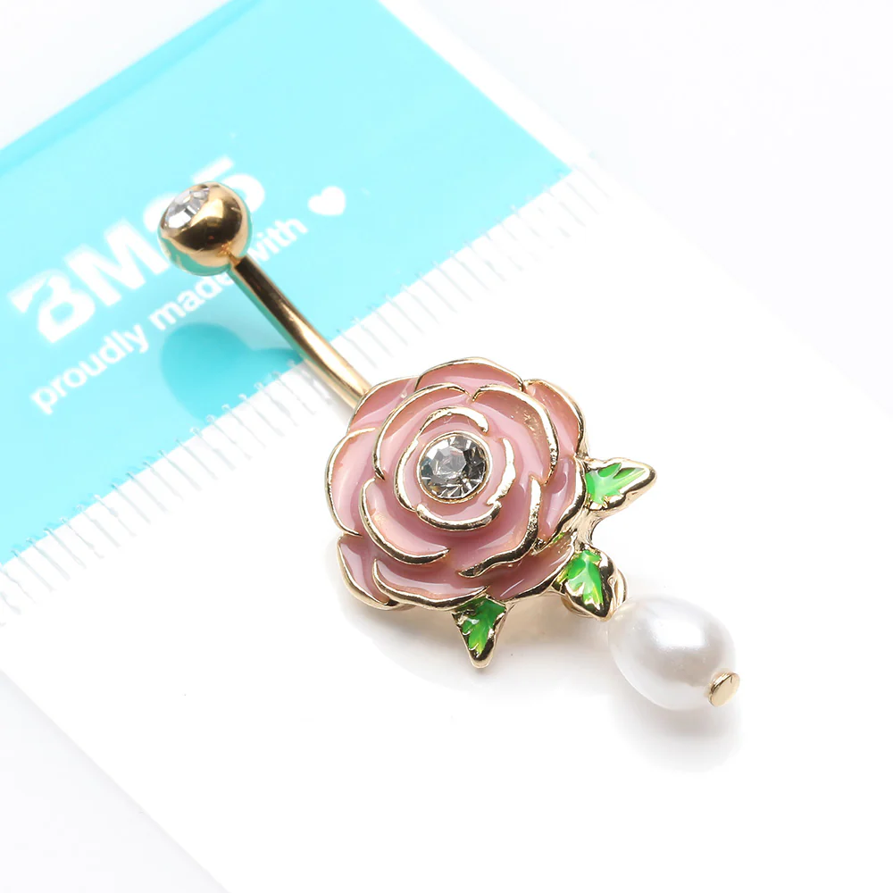 Golden Pink Full Blossom Rose Pearlescent Belly Button Ring - Image 4