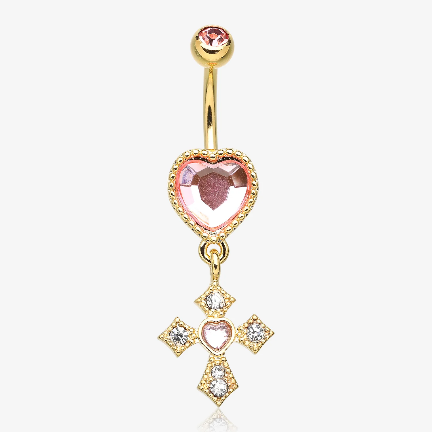 Golden Pink Heart Sparkle Cross Dangle Belly Button Ring