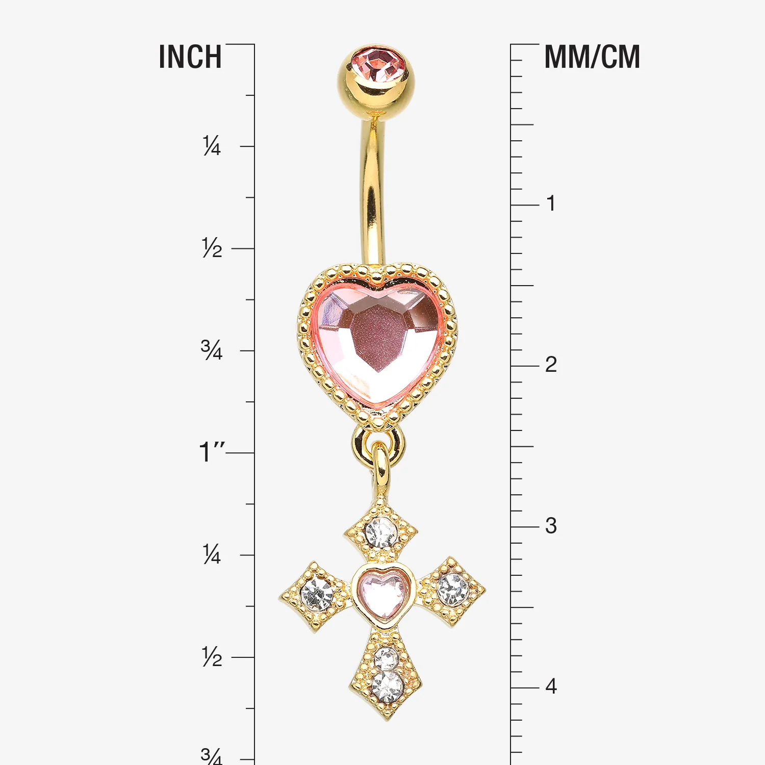 Golden Pink Heart Sparkle Cross Dangle Belly Button Ring - Image 2
