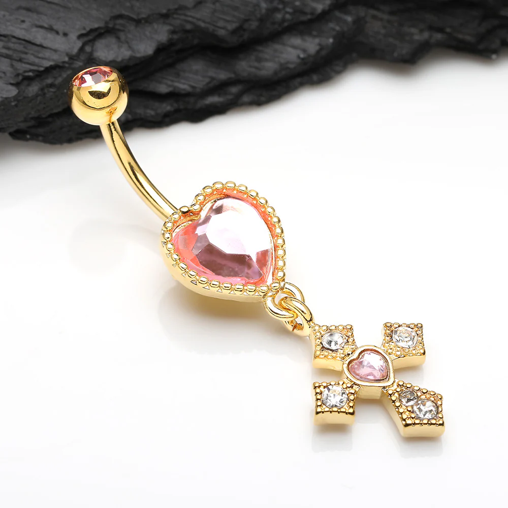 Golden Pink Heart Sparkle Cross Dangle Belly Button Ring - Image 3