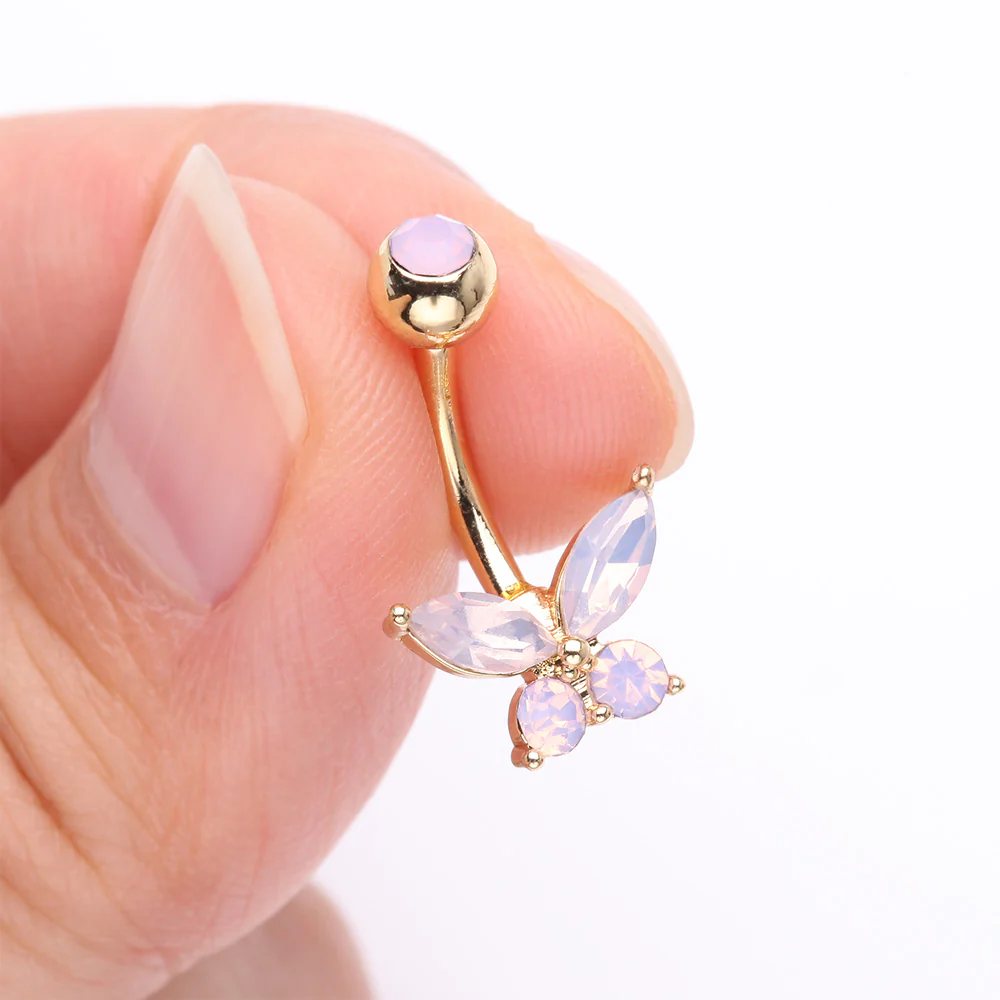 Golden Pink Opalite Sparkle Butterfly Belly Button Ring - Image 4