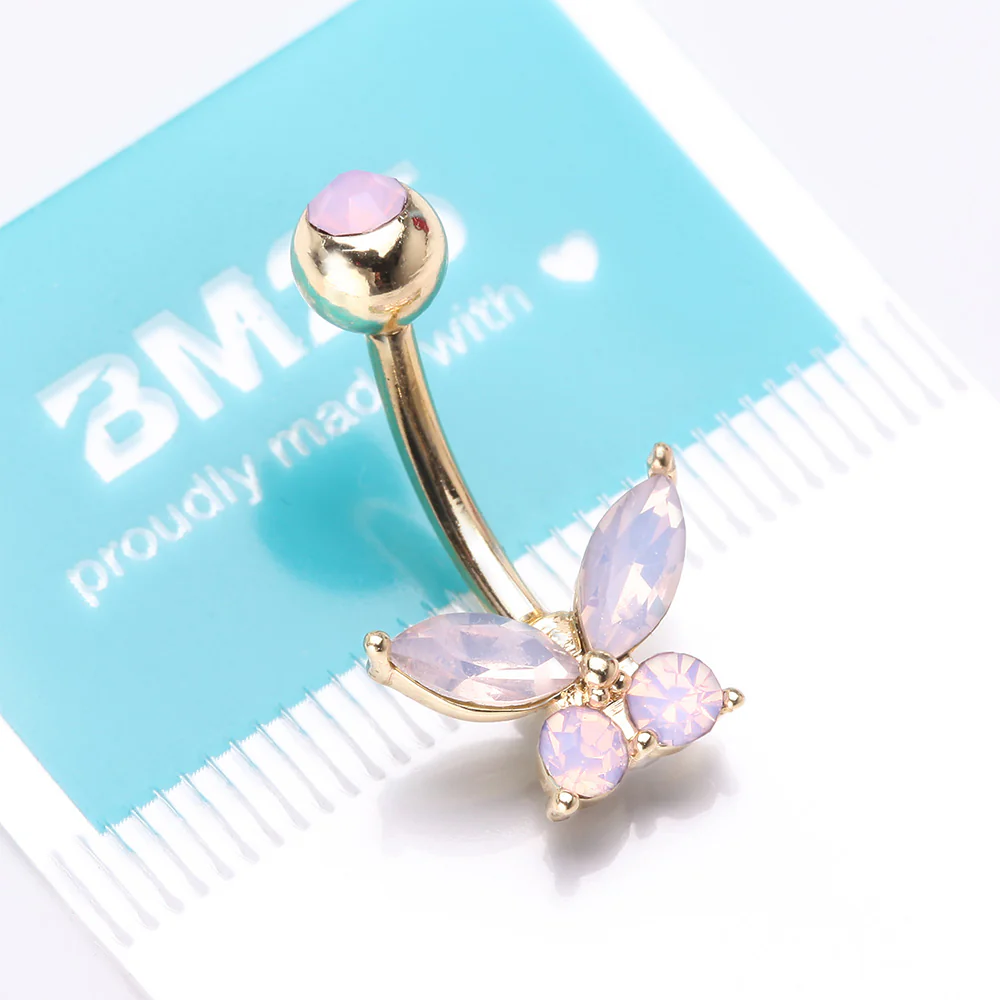 Golden Pink Opalite Sparkle Butterfly Belly Button Ring - Image 5