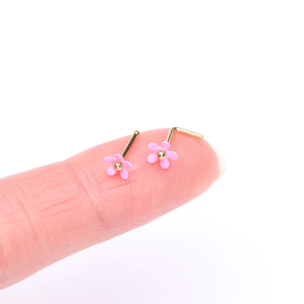 Golden Pink Summer Flower L-Shaped Nose Ring - Image 3
