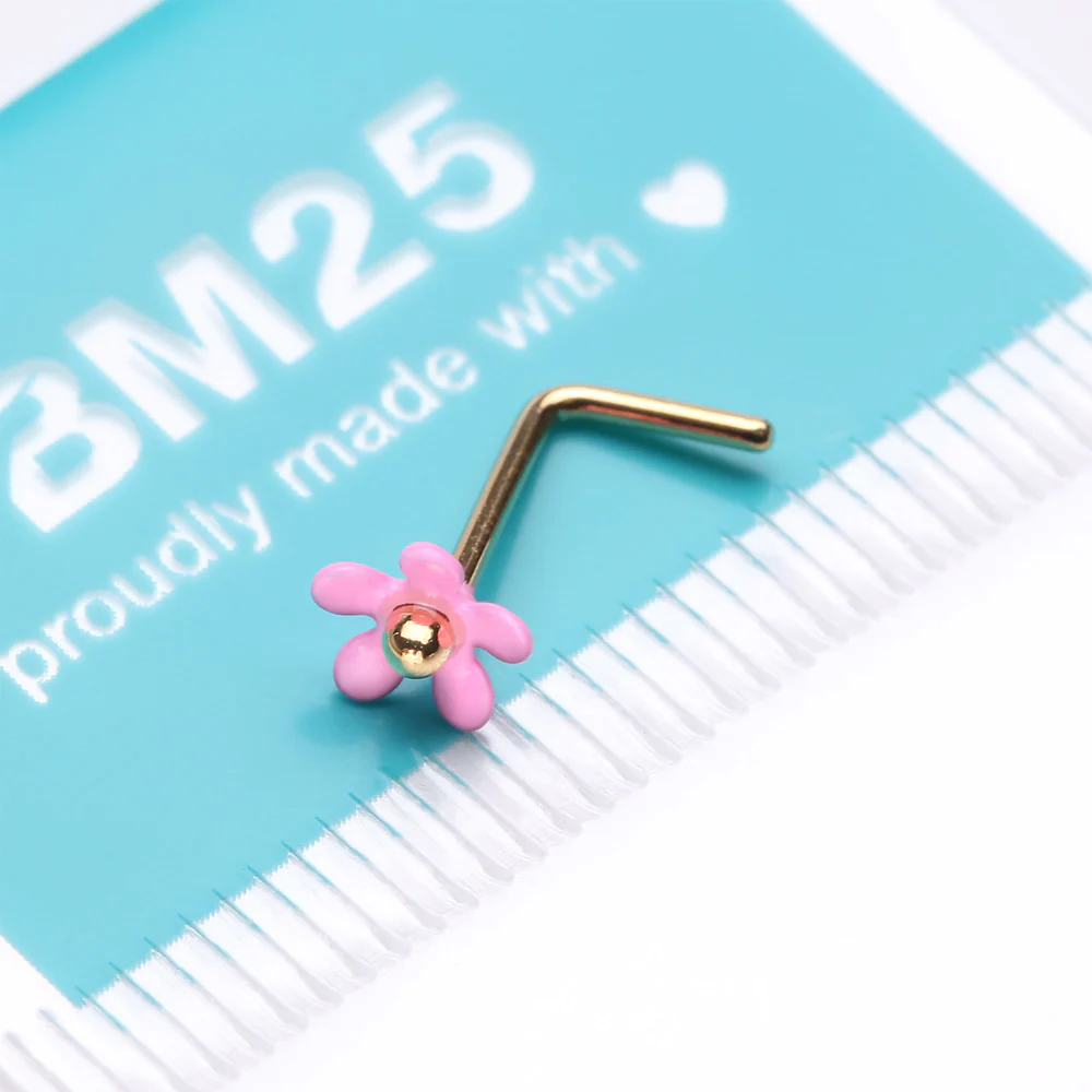 Golden Pink Summer Flower L-Shaped Nose Ring - Image 4