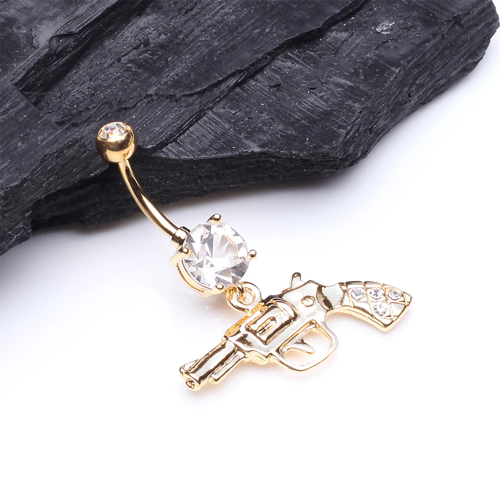 Golden Pistol Gun Sparkle Belly Button Ring - Image 3