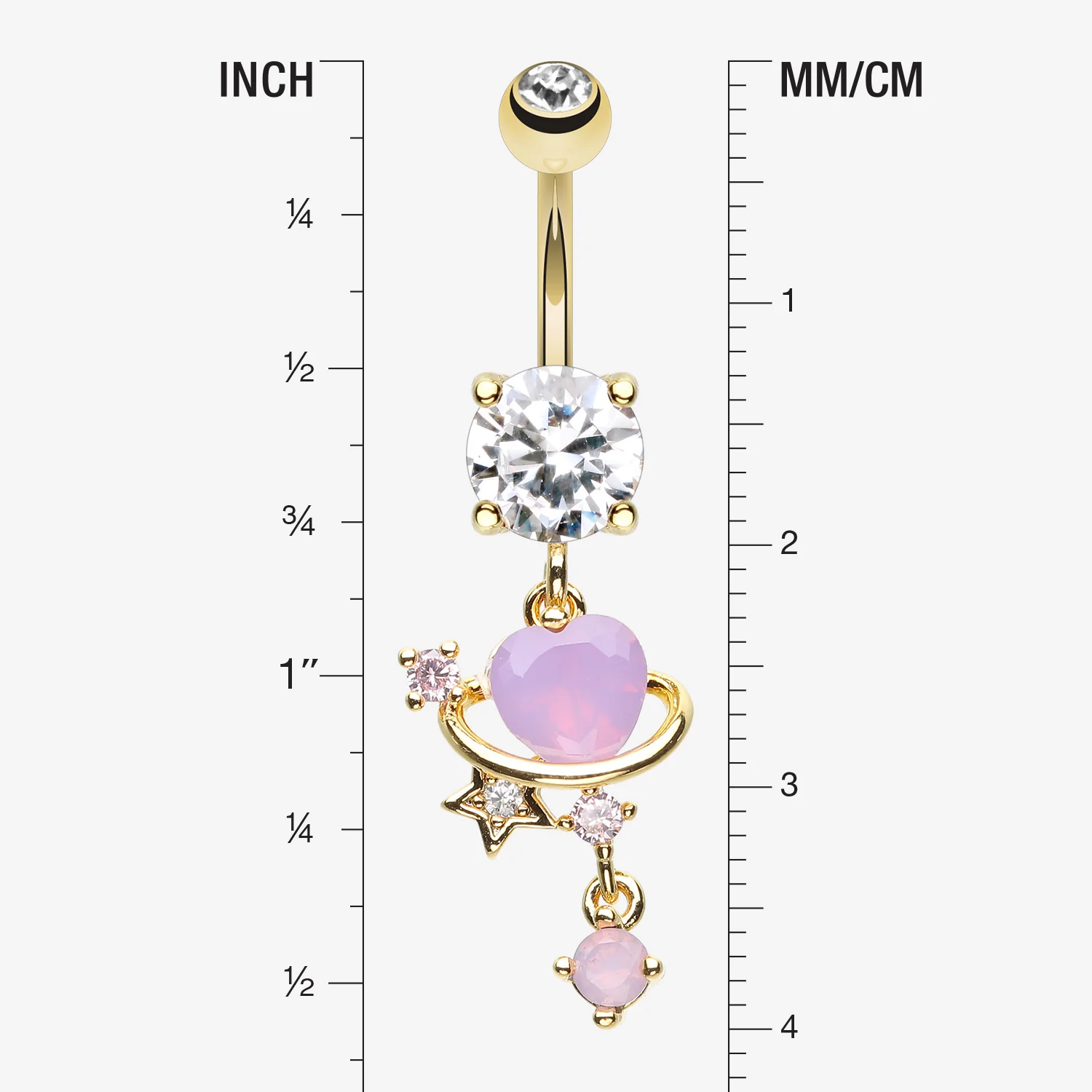Golden Planet Heart Sparkle Orbital Dangle Belly Button Ring - Image 2