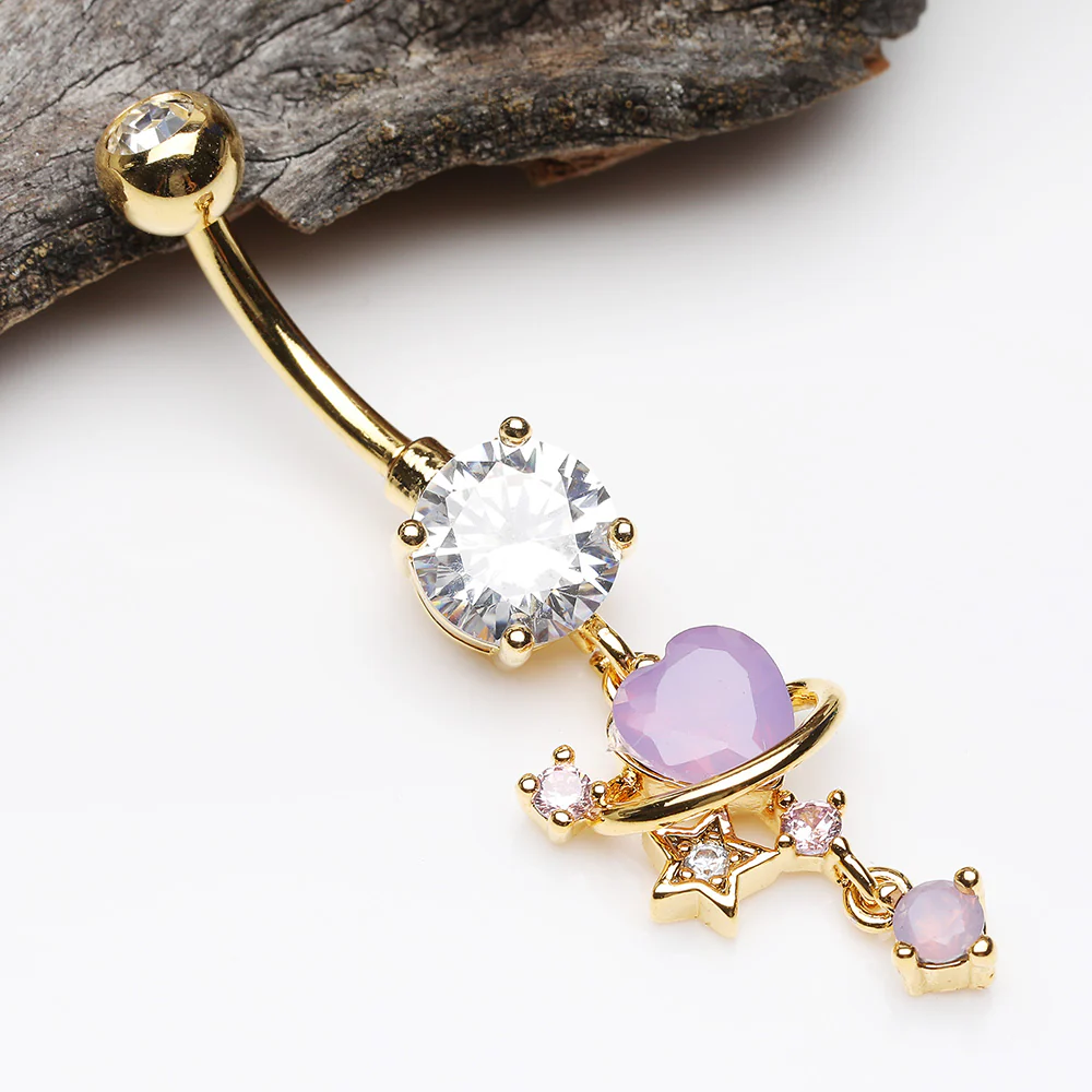 Golden Planet Heart Sparkle Orbital Dangle Belly Button Ring - Image 3