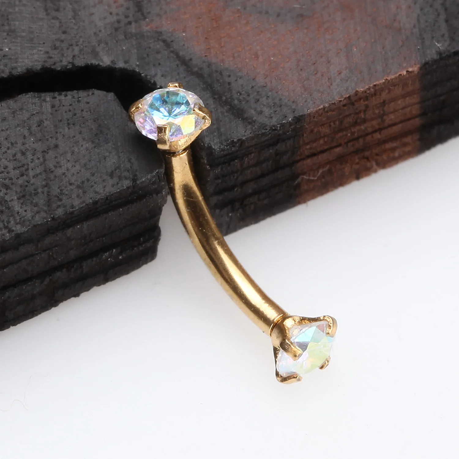 Golden Prong Set Gem Sparkles Internally Threaded Curved Barbell - Image 2