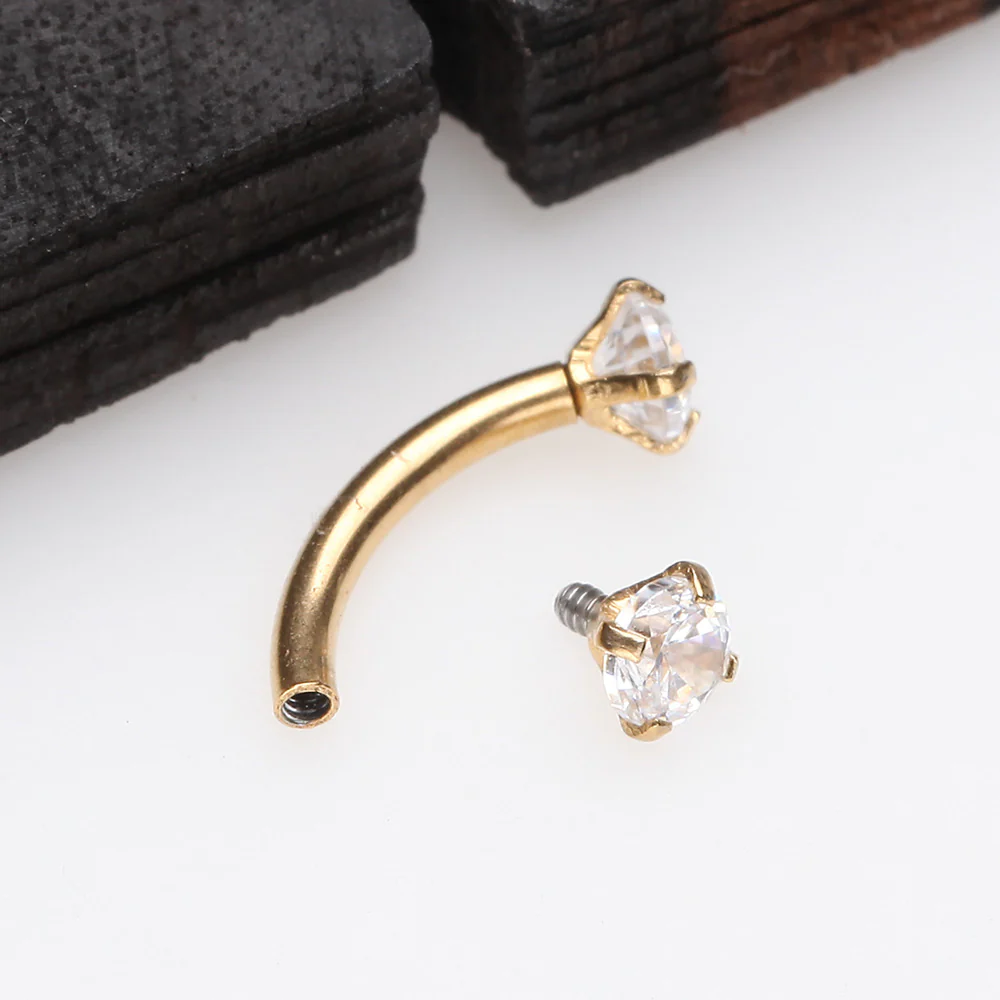 Golden Prong Set Gem Sparkles Internally Threaded Curved Barbell - Image 3