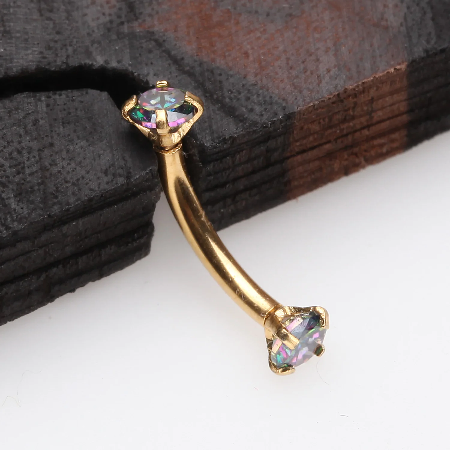Golden Prong Set Gem Sparkles Internally Threaded Curved Barbell - Image 2