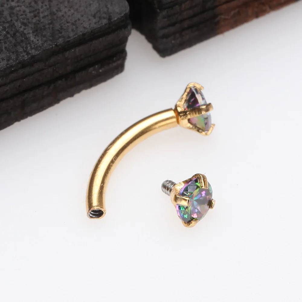 Golden Prong Set Gem Sparkles Internally Threaded Curved Barbell - Image 3