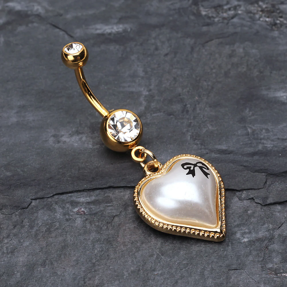 Golden Puffed Pearl Heart Ribbon Belly Ring - Image 3