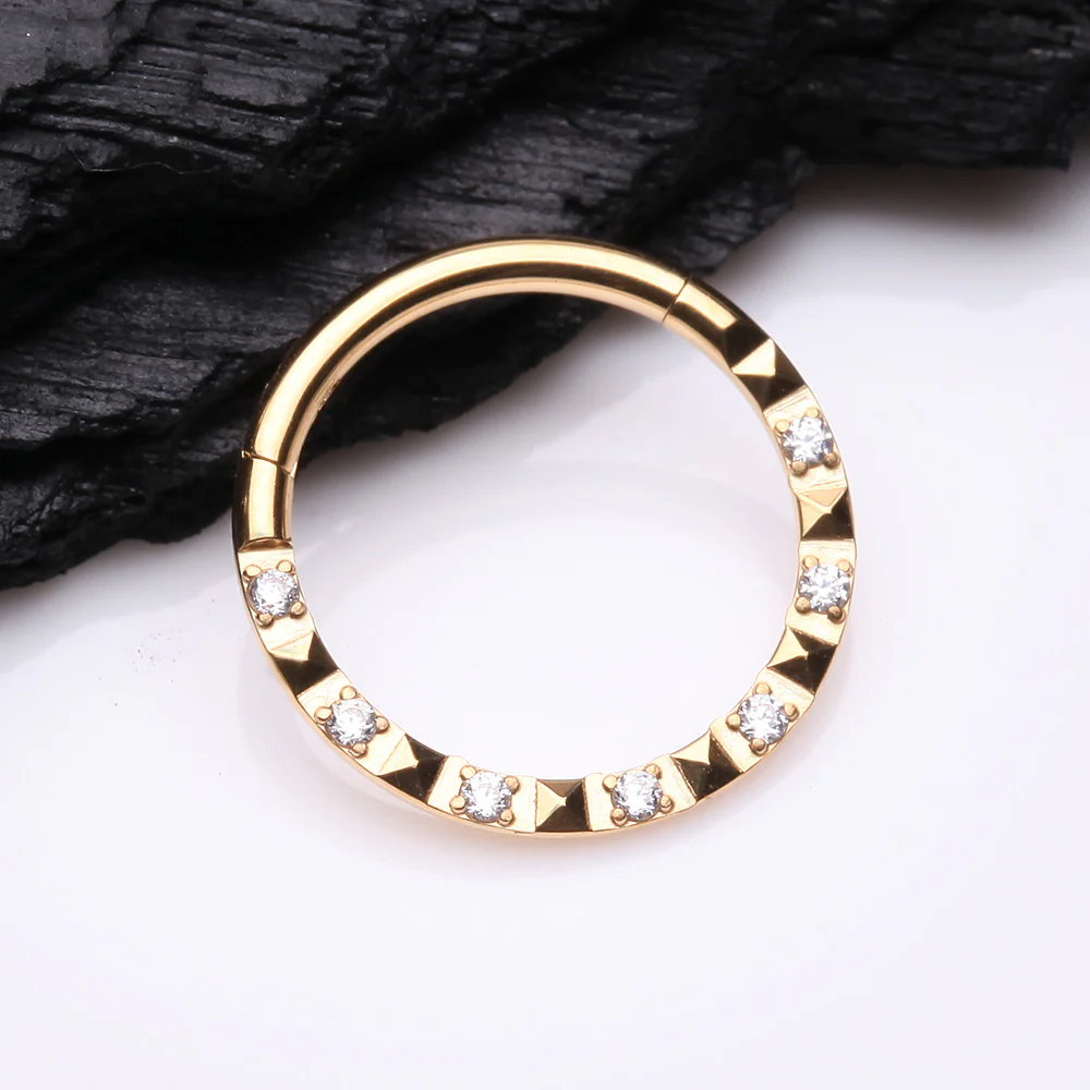 Golden Pyramid Studded Multi-Gem Sparkle Seamless Clicker Hoop Ring - Image 3