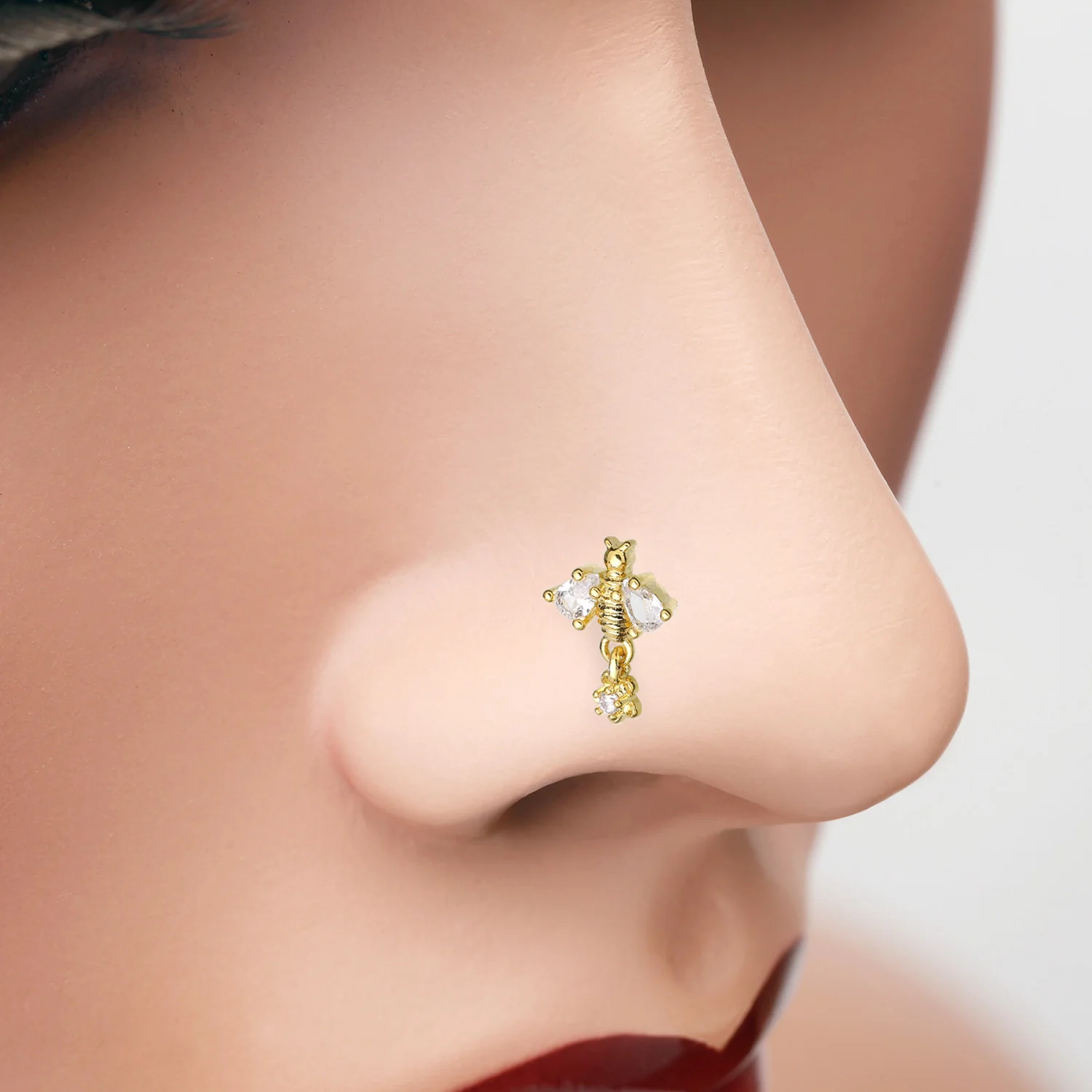 Golden Queen Bee Sparkle Dangle Flower Nose Stud Ring - Image 2