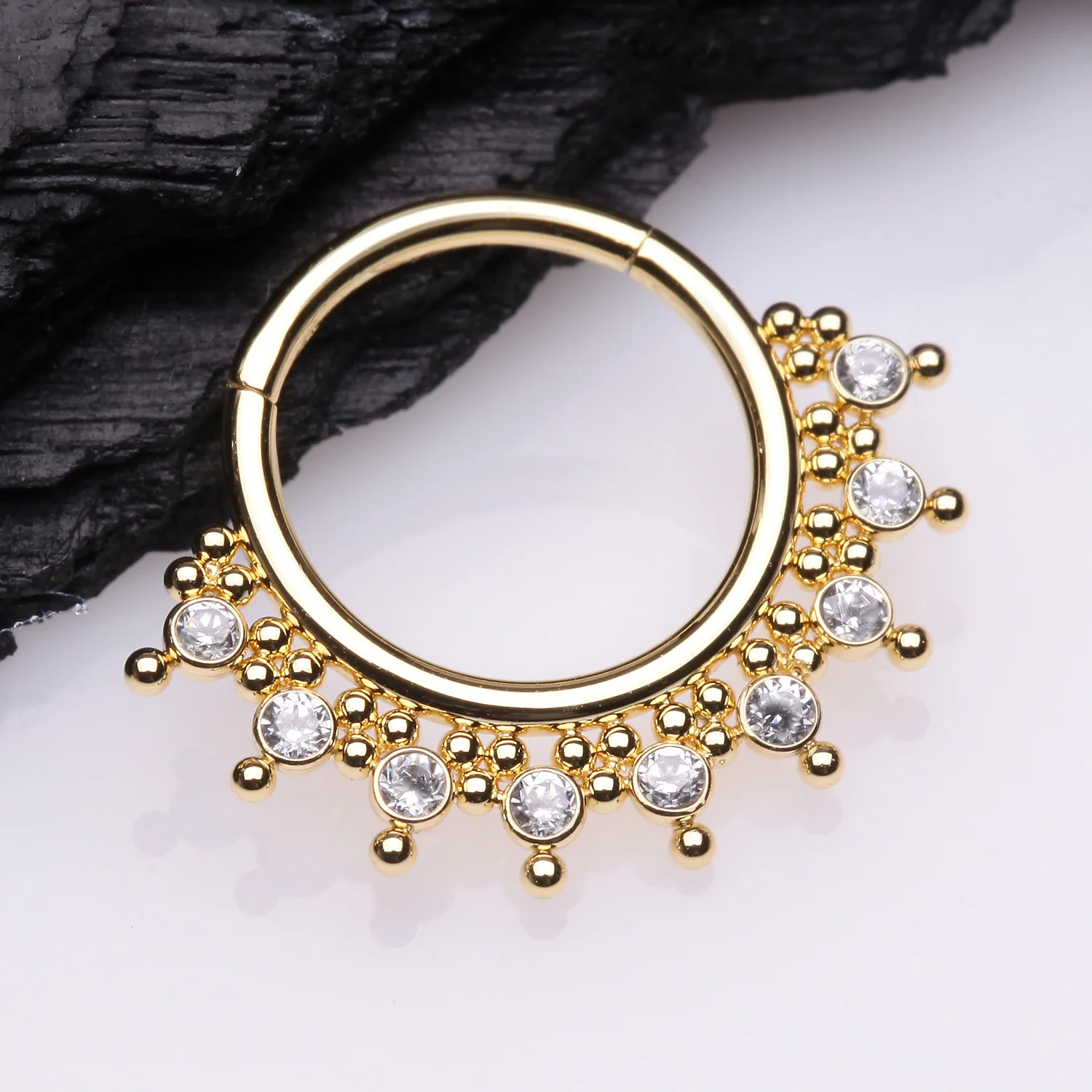 Golden Royal Bali Floral Studded Sparkle Seamless Clicker Hoop Ring - Image 2
