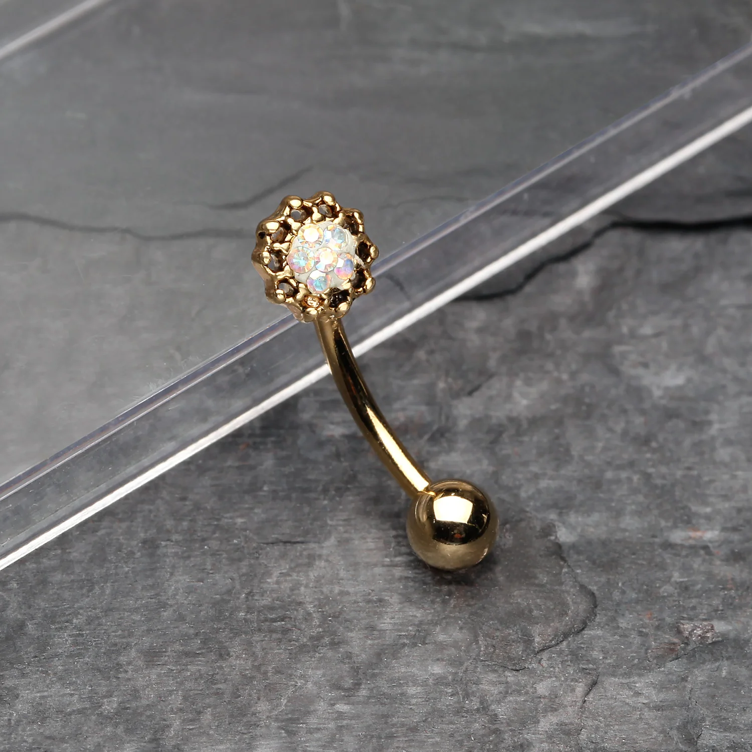 Golden Sacred Lotus Multi-Gem Sparkle Curved Barbell Ring - Image 2