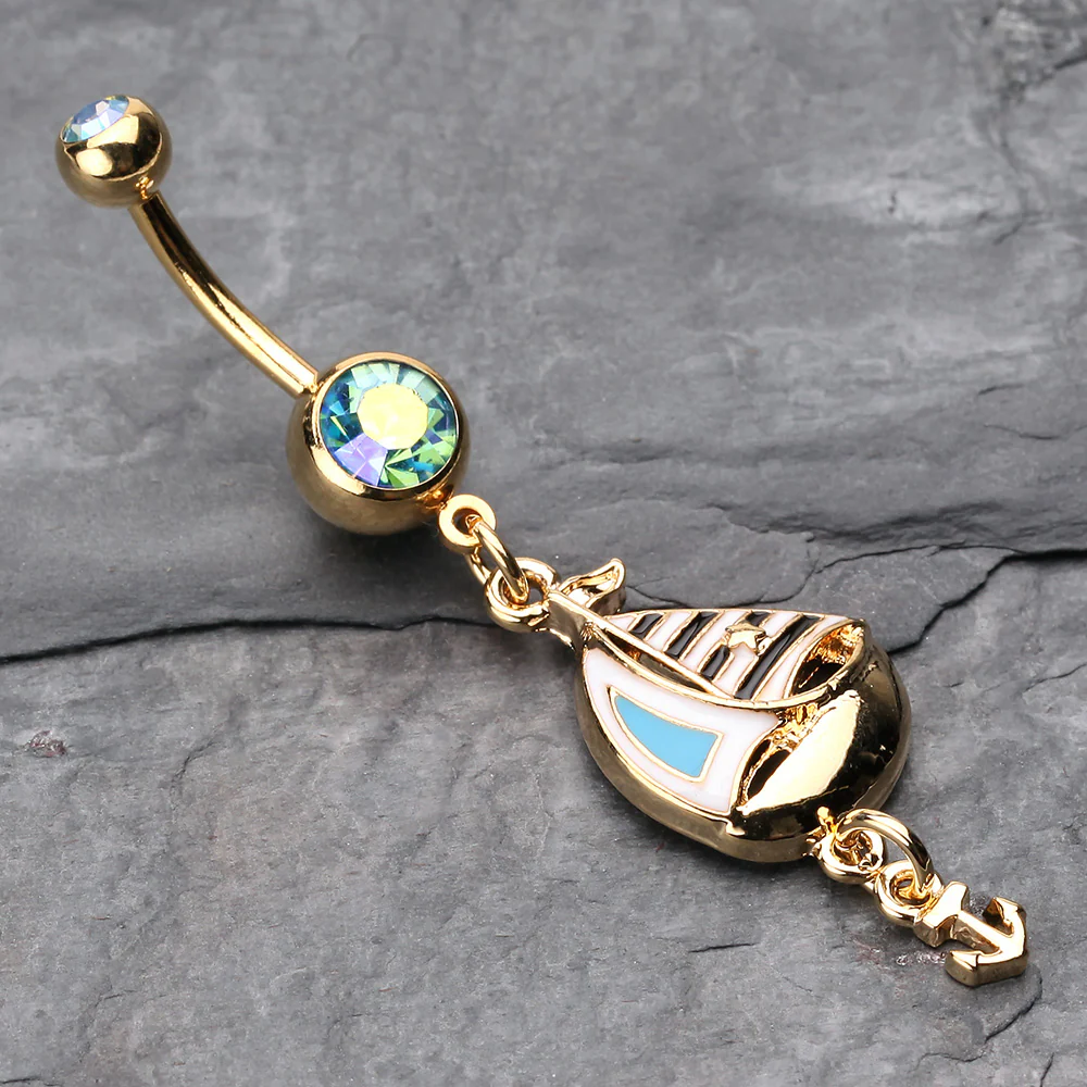 Golden Sail Boat Anchor Dangle Belly Button Ring - Image 3