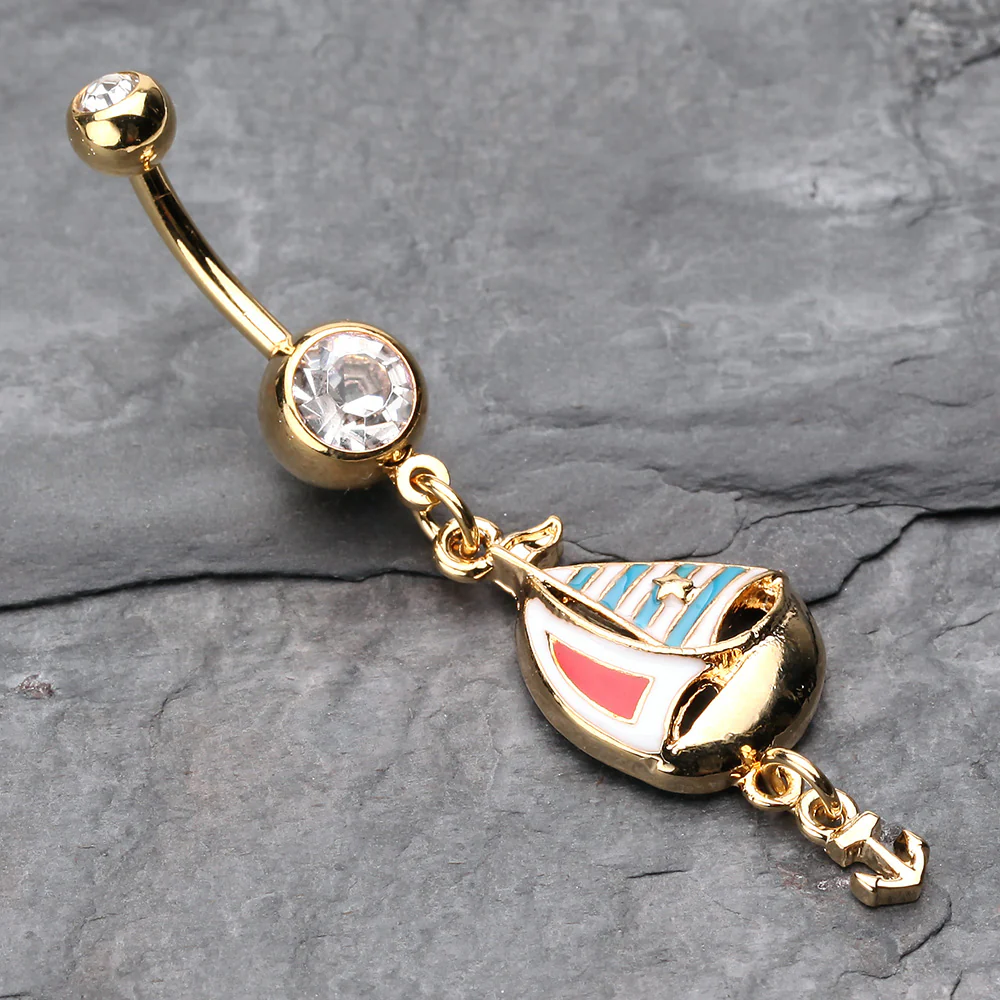 Golden Sail Boat Anchor Dangle Belly Button Ring - Image 3