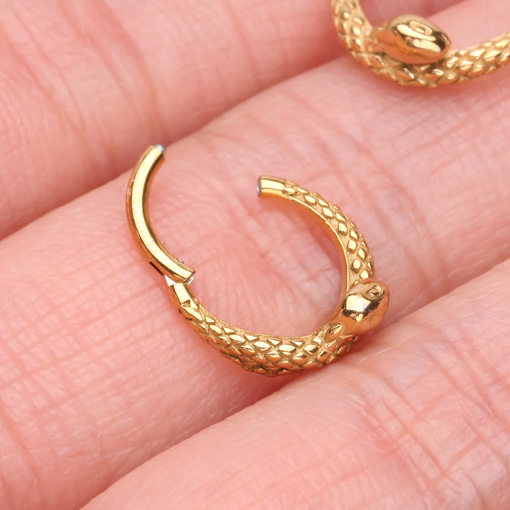 Golden Slithering Snake Steel Seamless Clicker Hoop Ring - Image 4