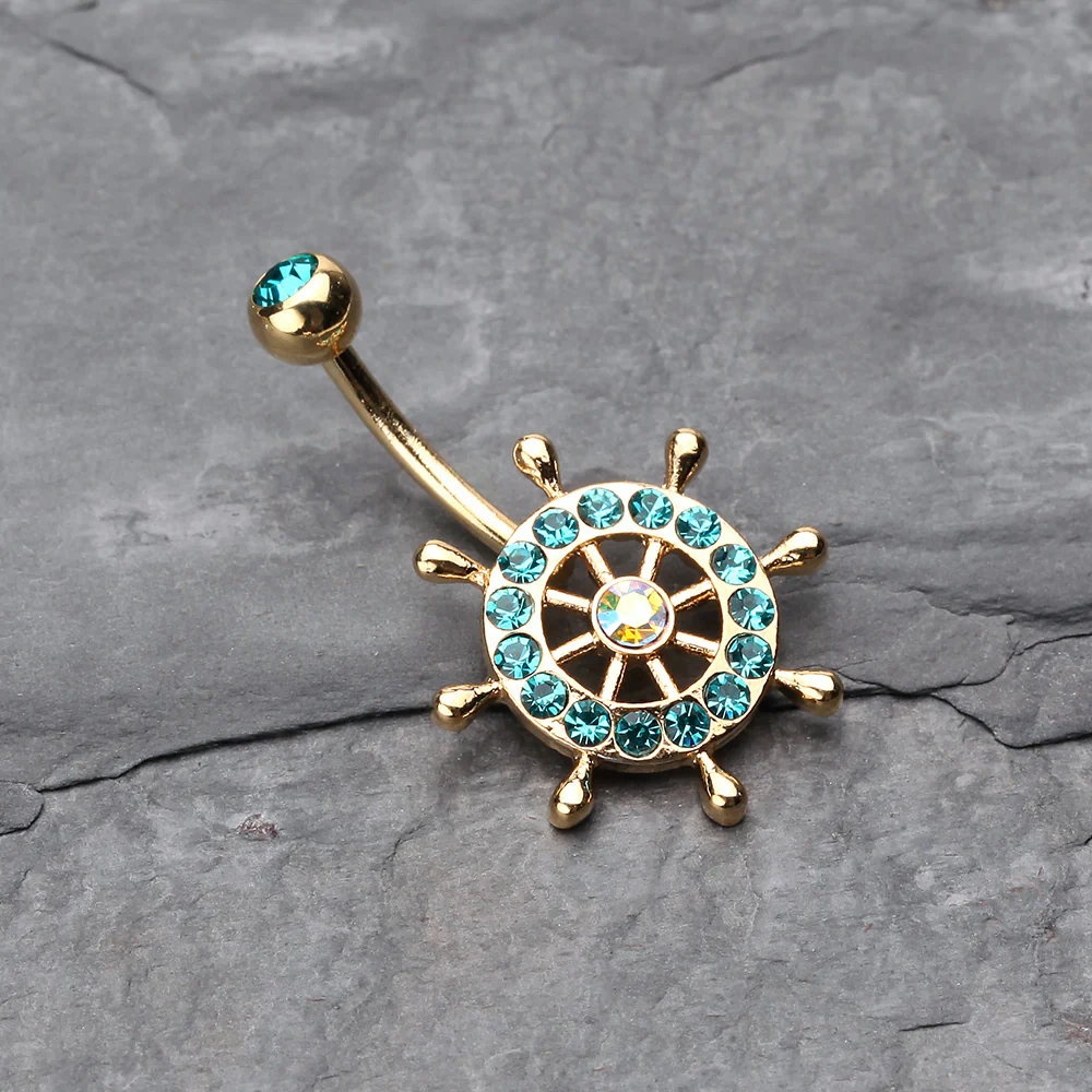 Golden Sparkle Anchor Wheel Belly Button Ring - Image 3