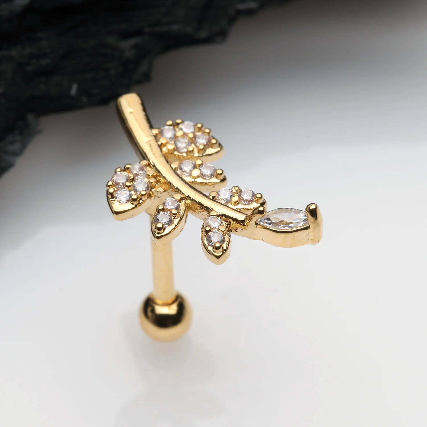 Golden Sparkle Autumn Leaf Cartilage Tragus Barbell Earring - Image 2