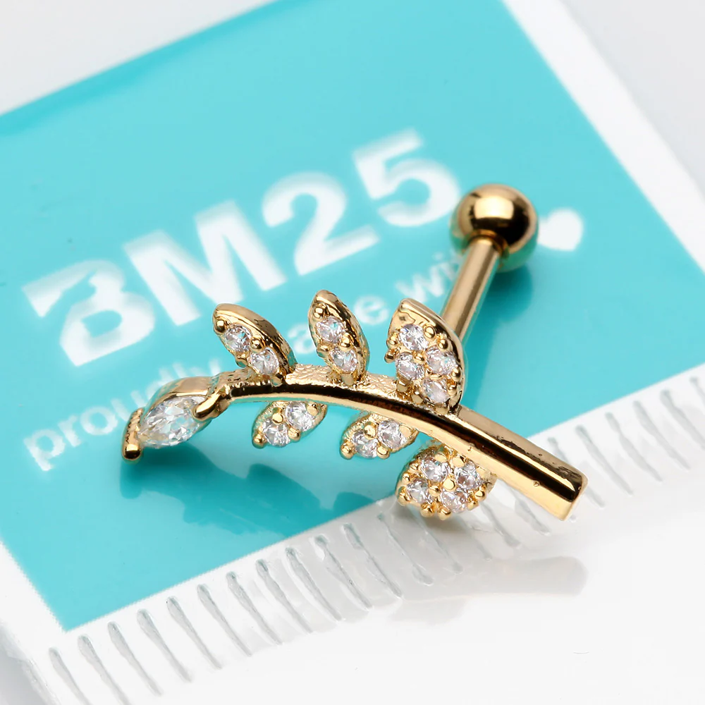 Golden Sparkle Autumn Leaf Cartilage Tragus Barbell Earring - Image 3