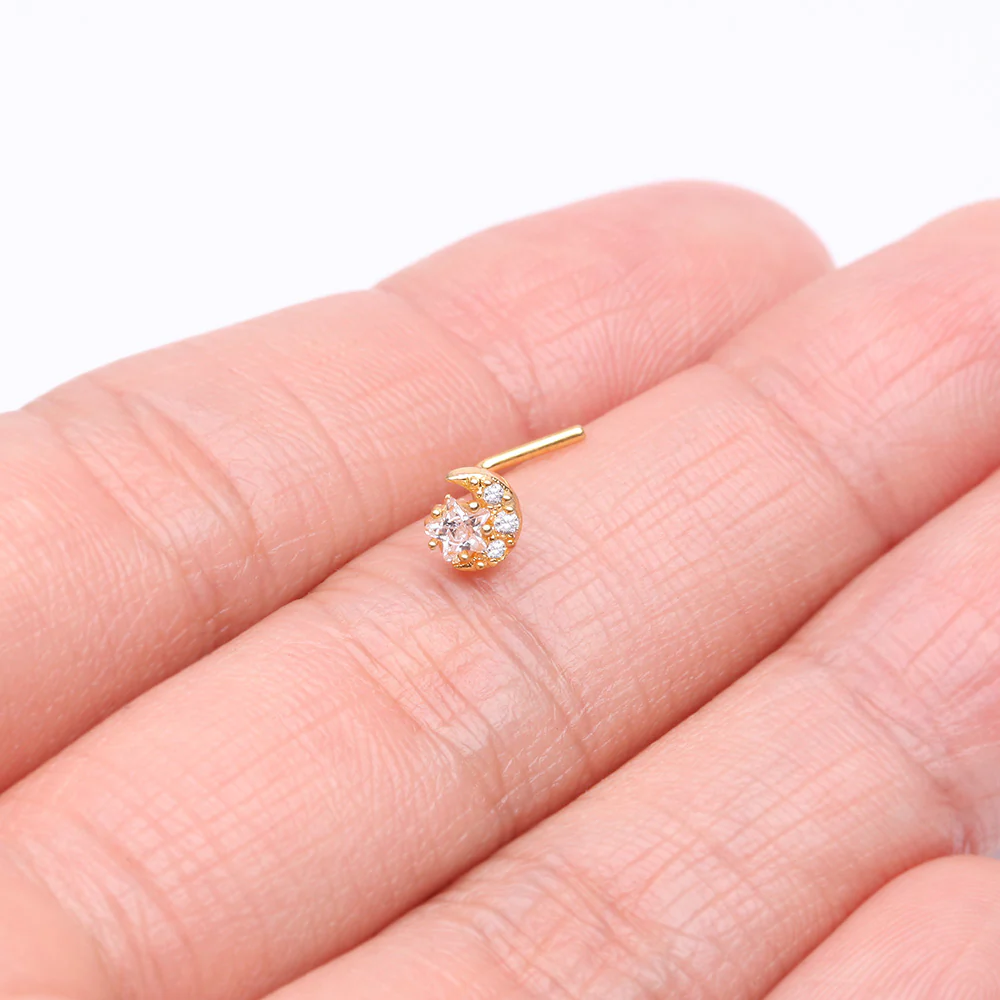Golden Sparkle Crescent Moon and Star L-Shaped Nose Ring - Image 3