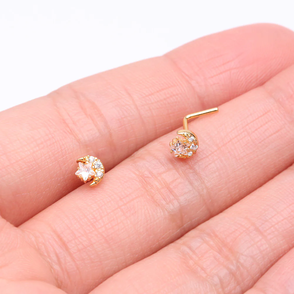 Golden Sparkle Crescent Moon and Star L-Shaped Nose Ring - Image 4