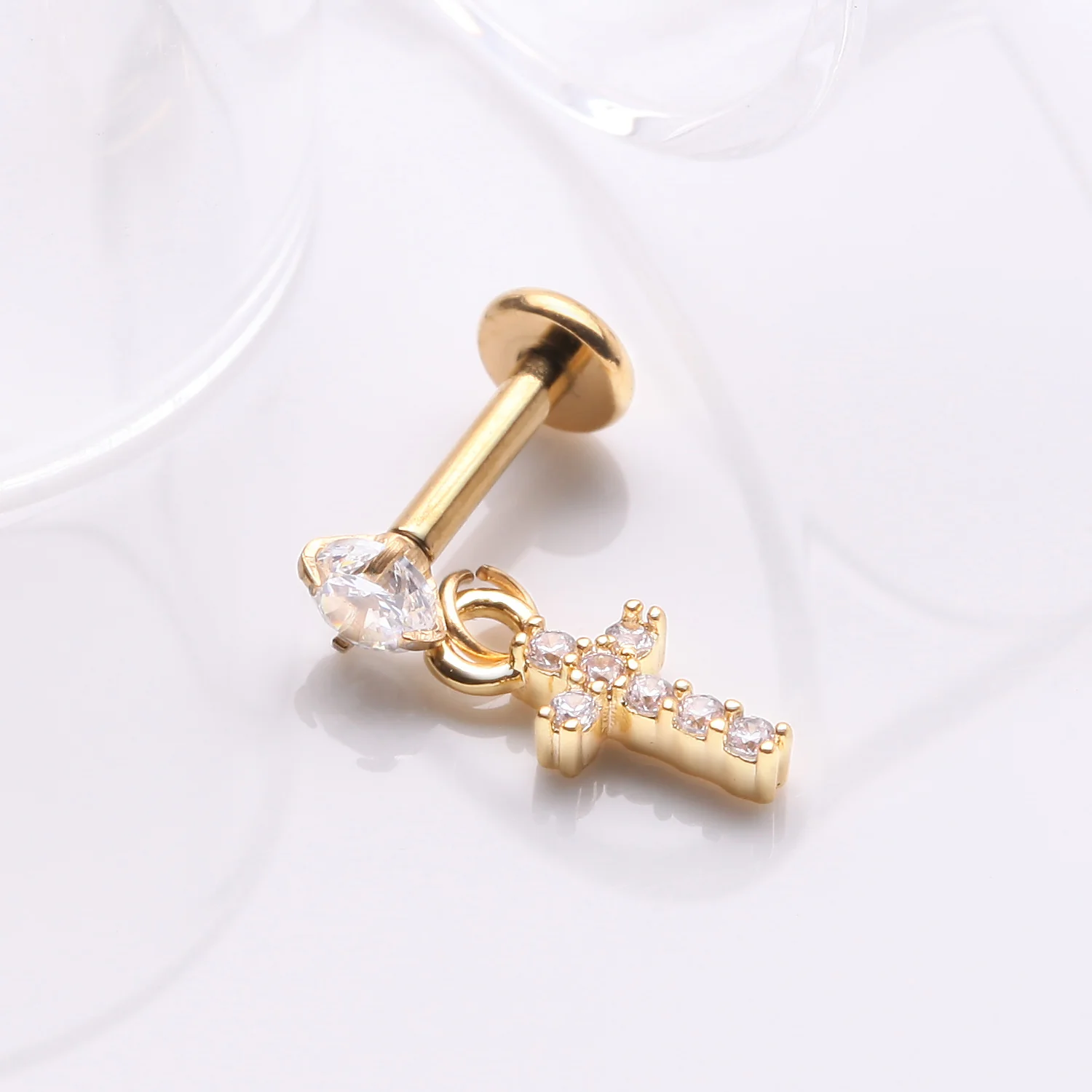 Golden Sparkle Cross Dangle Internally Threaded Labret Flat Back Stud - Image 2