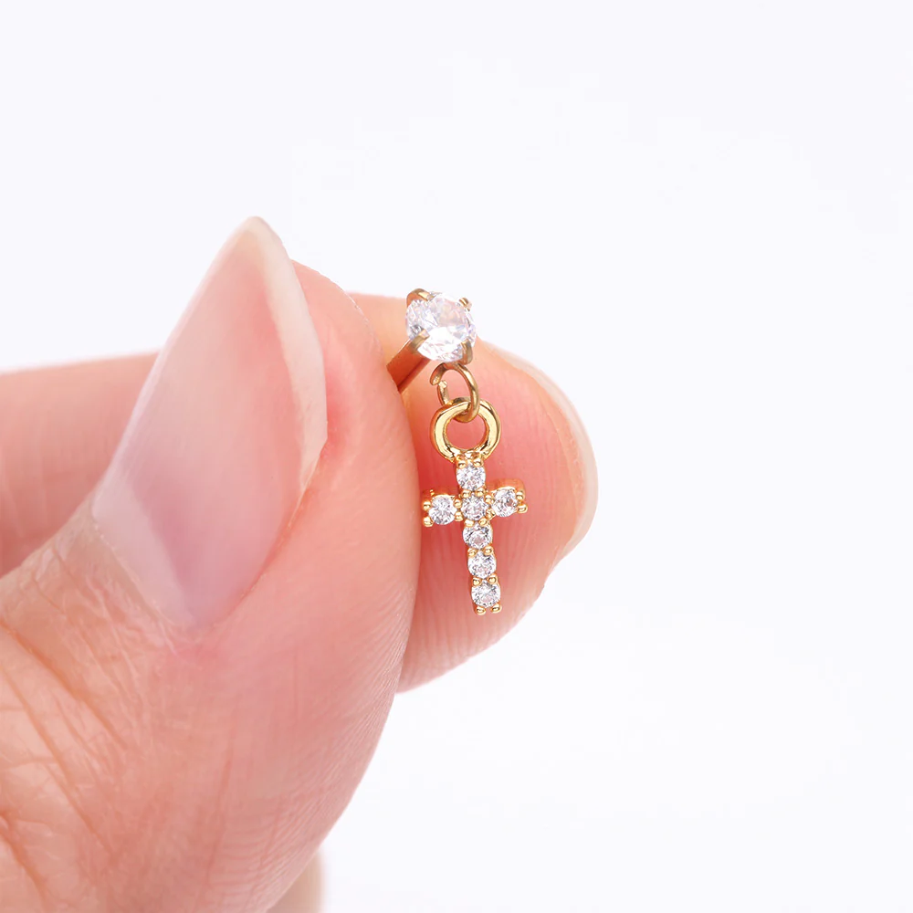 Golden Sparkle Cross Dangle Internally Threaded Labret Flat Back Stud - Image 3