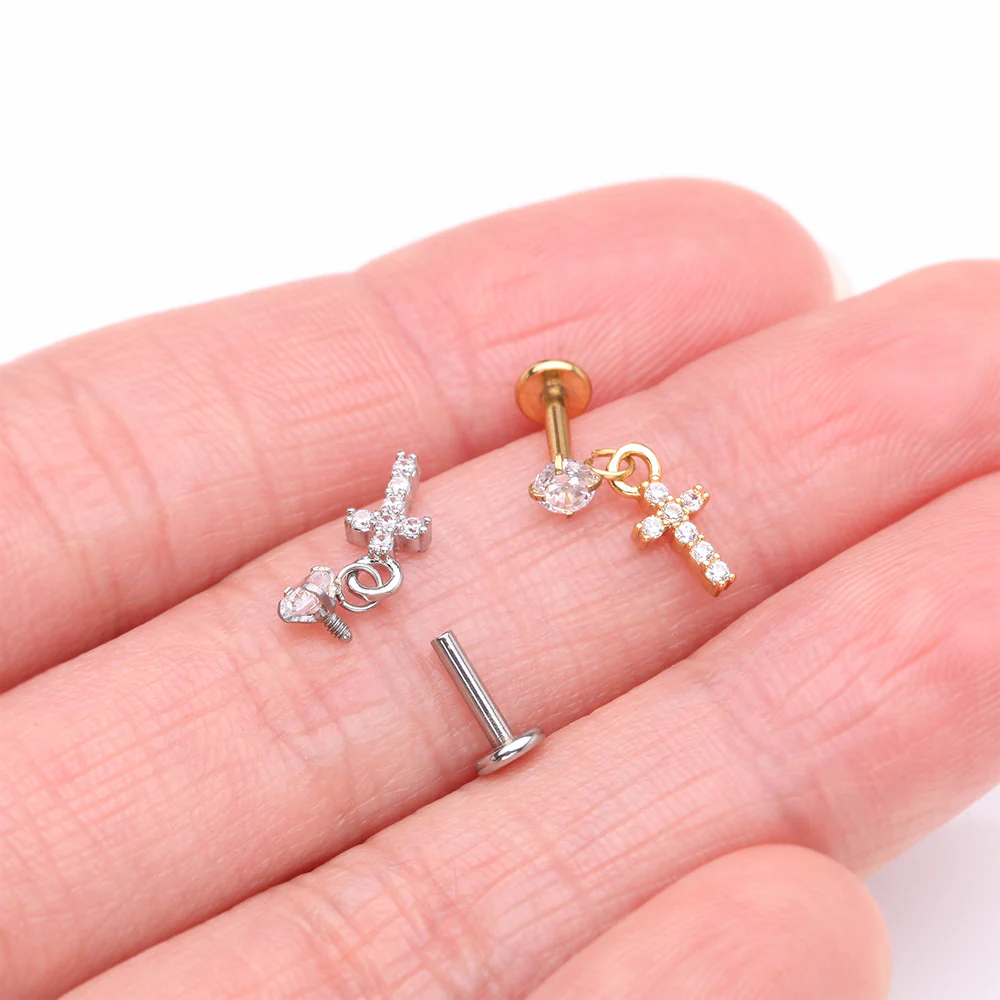 Golden Sparkle Cross Dangle Internally Threaded Labret Flat Back Stud - Image 4