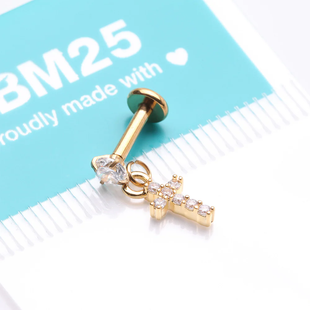 Golden Sparkle Cross Dangle Internally Threaded Labret Flat Back Stud - Image 5