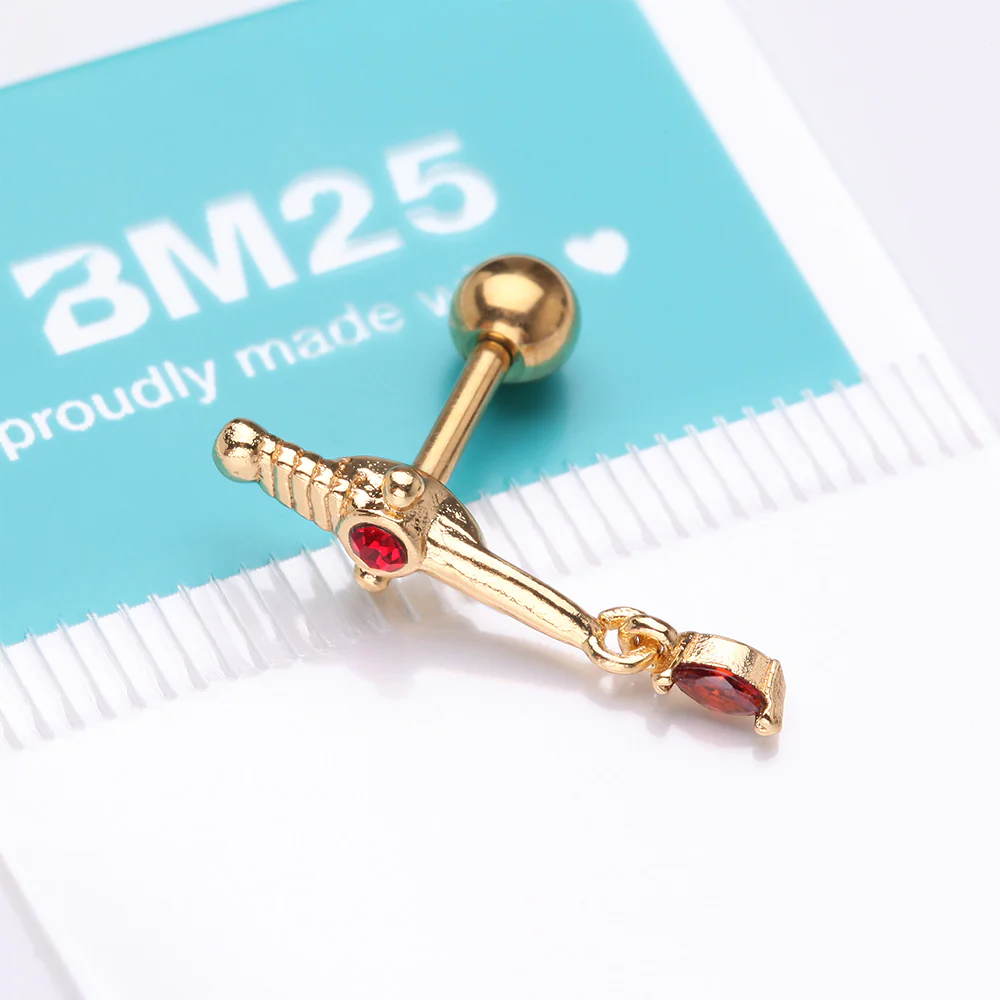 Golden Sparkle Dagger Dangle Cartilage Tragus Barbell Stud Earring - Image 4