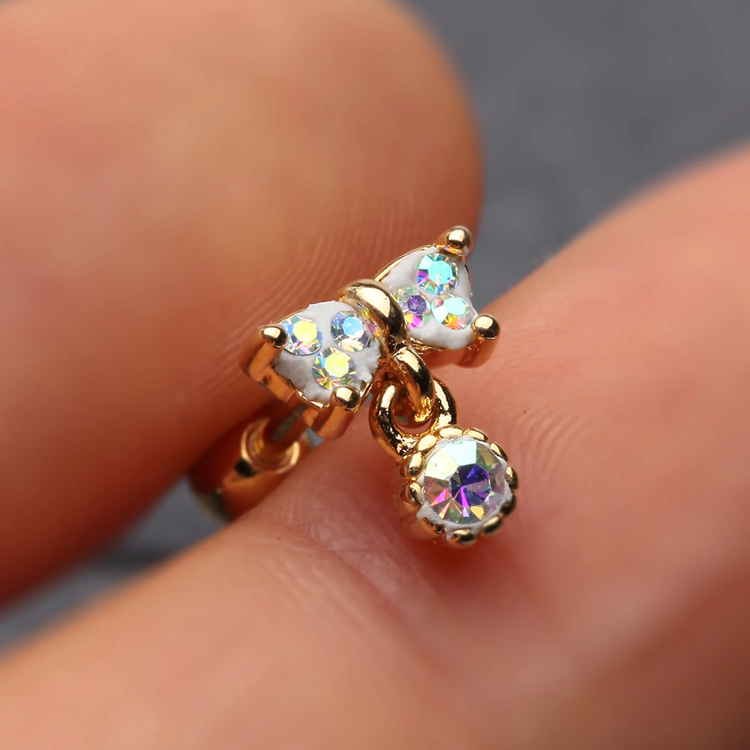 Golden Sparkle Dangle Bow-Tie Cartilage Tragus Barbell - Image 2