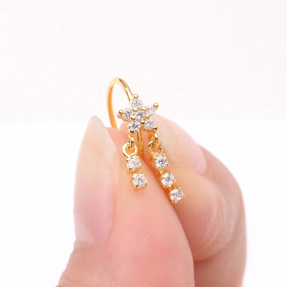 Golden Sparkle Flower Dangle Gem Drop Bendable Hoop Ring - Image 3