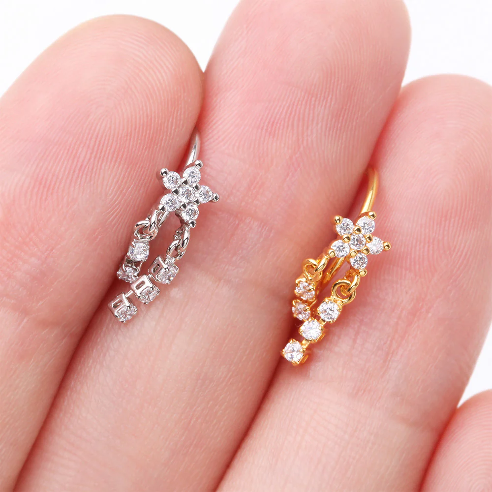 Golden Sparkle Flower Dangle Gem Drop Bendable Hoop Ring - Image 4