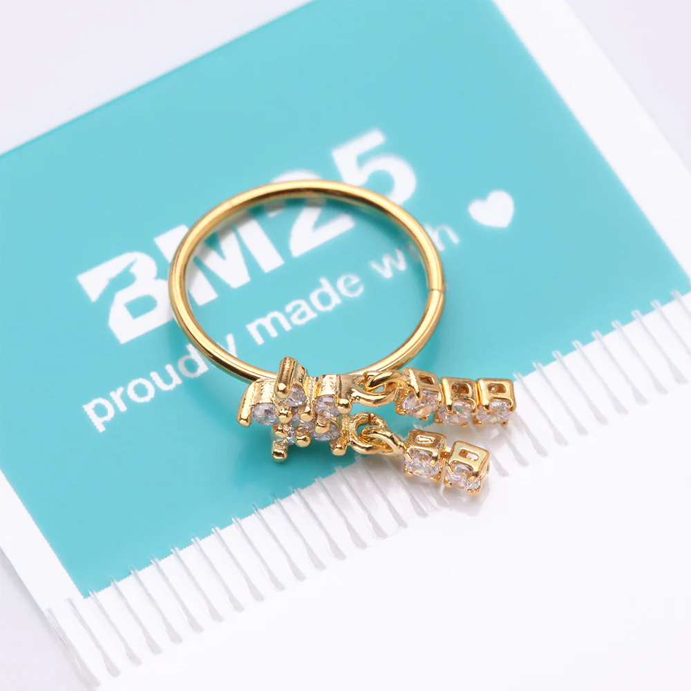 Golden Sparkle Flower Dangle Gem Drop Bendable Hoop Ring - Image 5