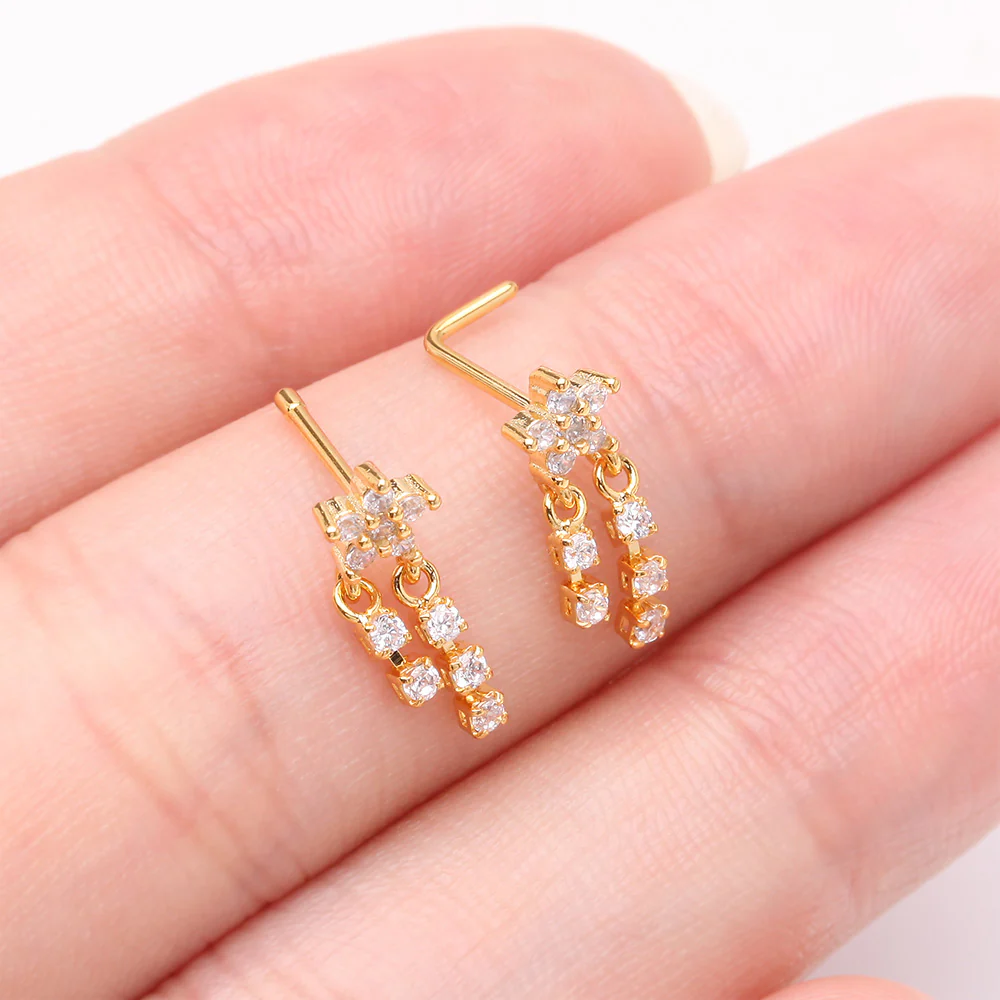 Golden Sparkle Flower Dangle Gem Drop L-Shaped Nose Ring - Image 3