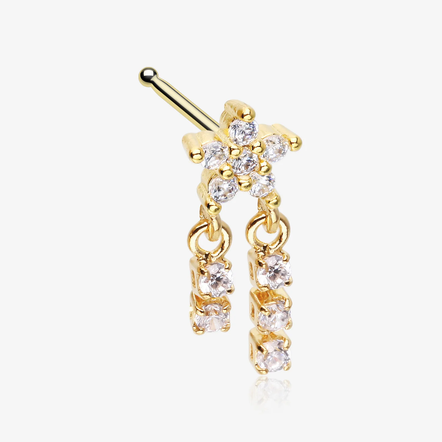 Golden Sparkle Flower Dangle Gem Drop Nose Stud Ring