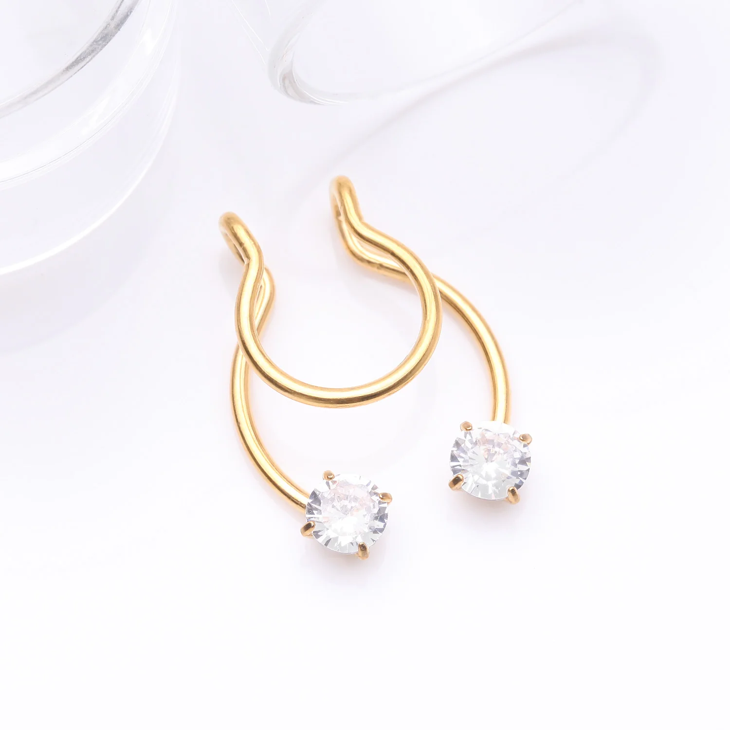 Golden Sparkle Gem Clip On Non-Piercing Fake Horseshoe Hoop Ring - Image 2