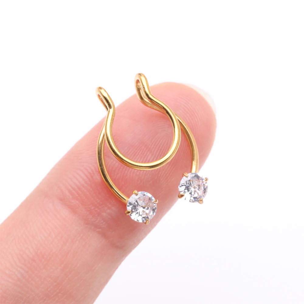 Golden Sparkle Gem Clip On Non-Piercing Fake Horseshoe Hoop Ring - Image 3