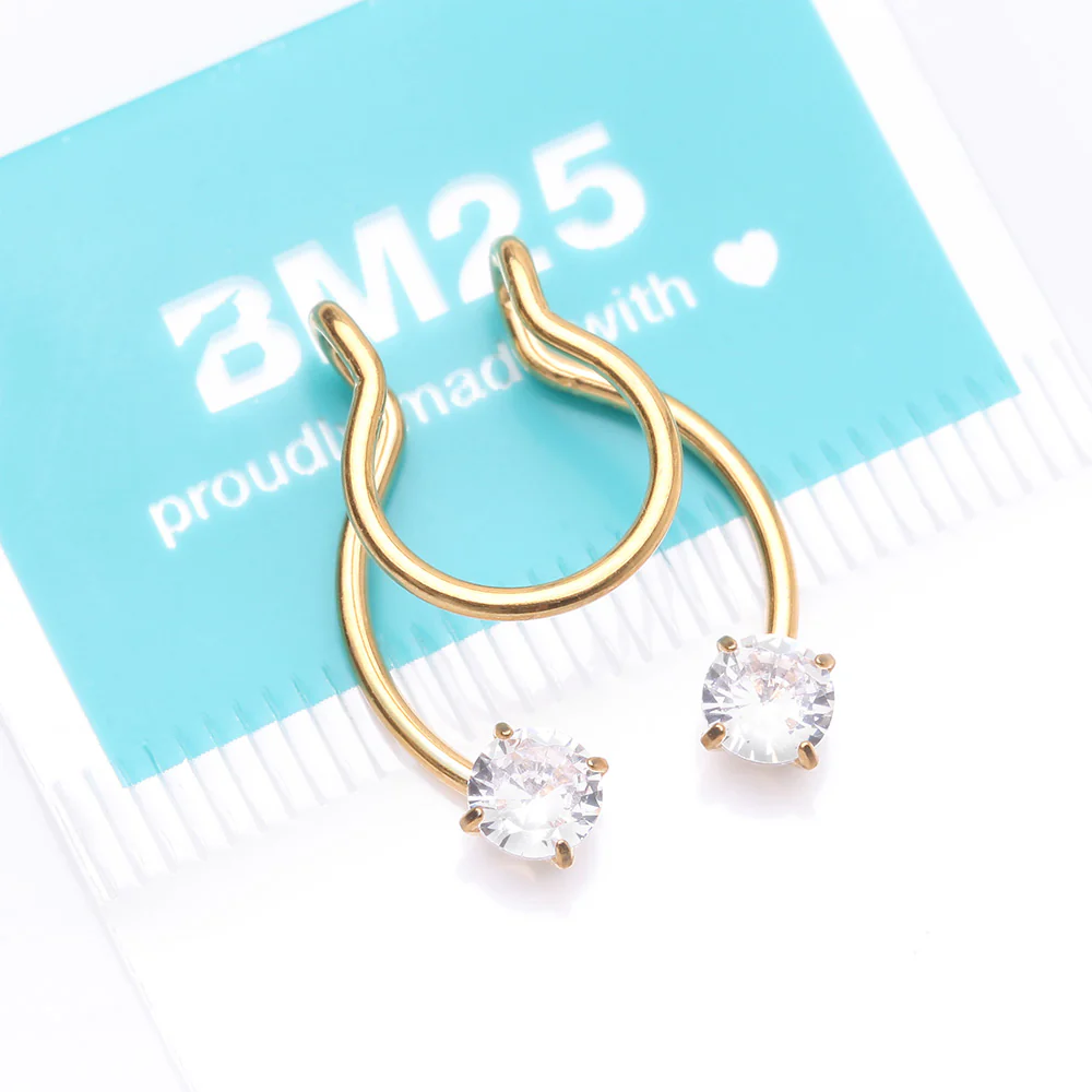 Golden Sparkle Gem Clip On Non-Piercing Fake Horseshoe Hoop Ring - Image 5