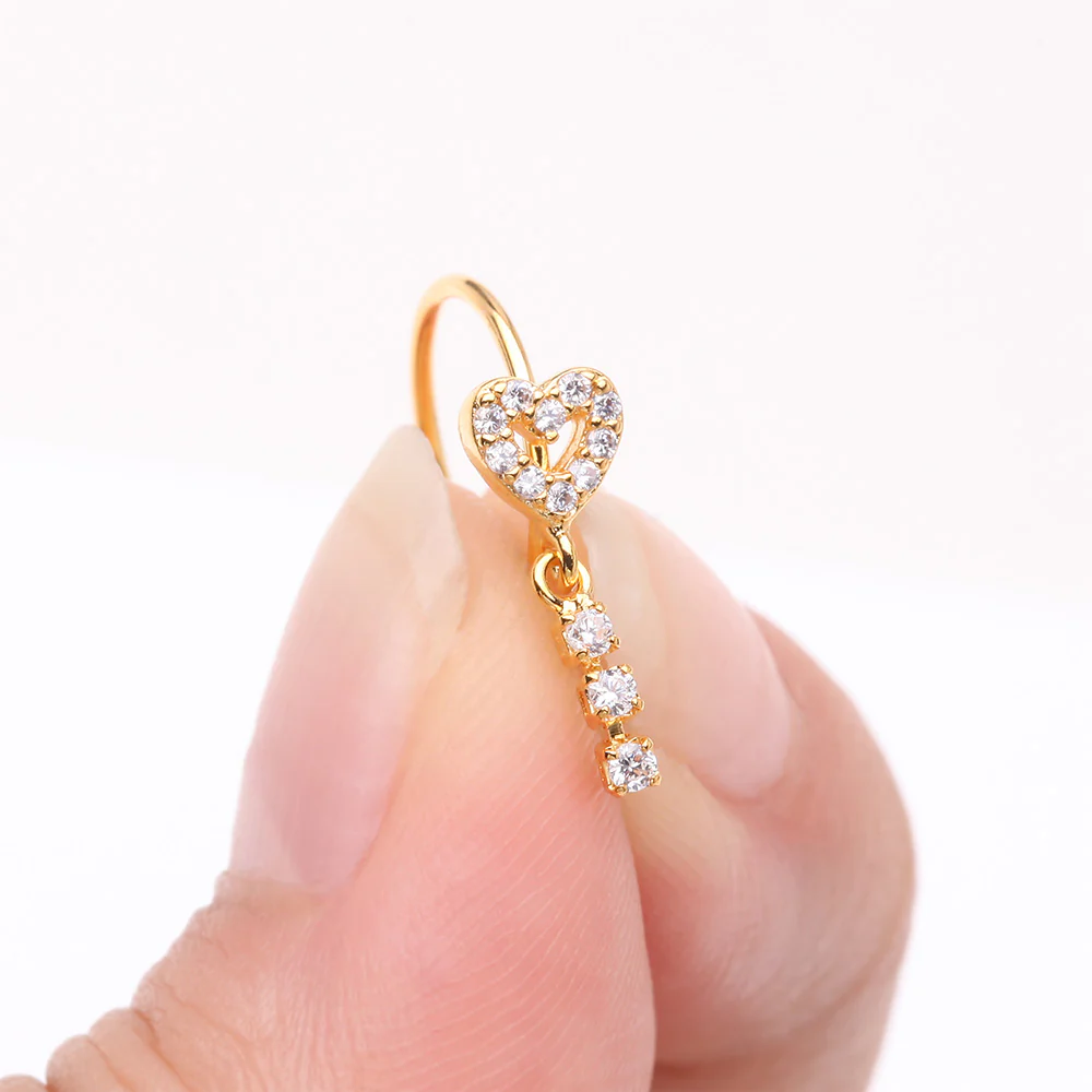 Golden Sparkle Heart Loop Dangle Gem Drop Bendable Hoop Ring - Image 3