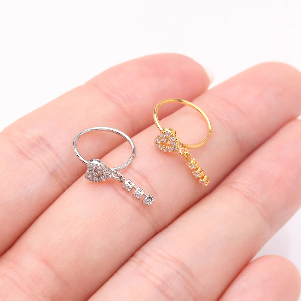 Golden Sparkle Heart Loop Dangle Gem Drop Bendable Hoop Ring - Image 4